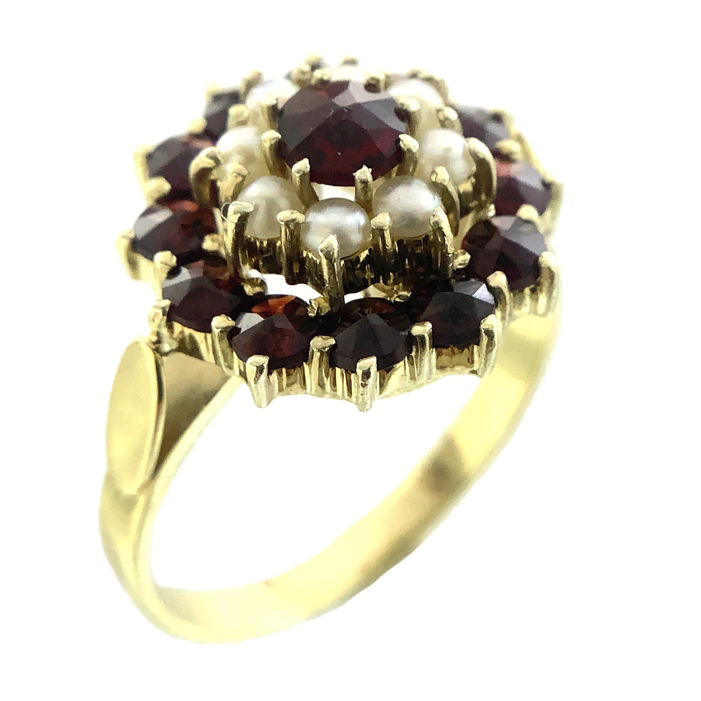 14K Yellow Gold Floral Design Red Garnet and Pearl Clusters Size 6 Ring AU405