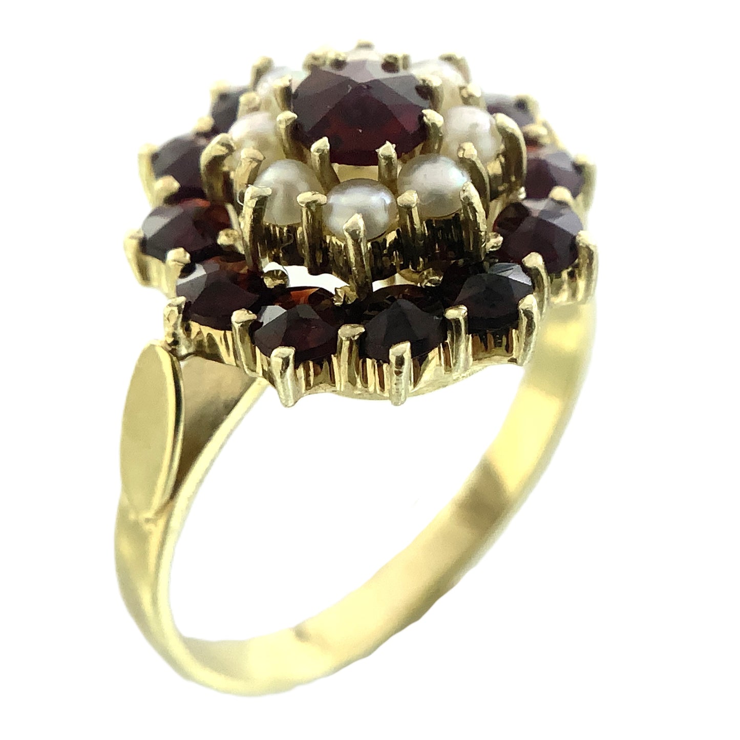 14K Yellow Gold Floral Design Red Garnet and Pearl Clusters Size 6 Ring AU405