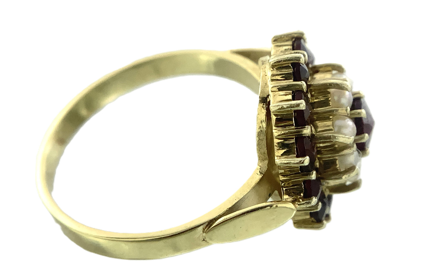14K Yellow Gold Floral Design Red Garnet and Pearl Clusters Size 6 Ring AU405