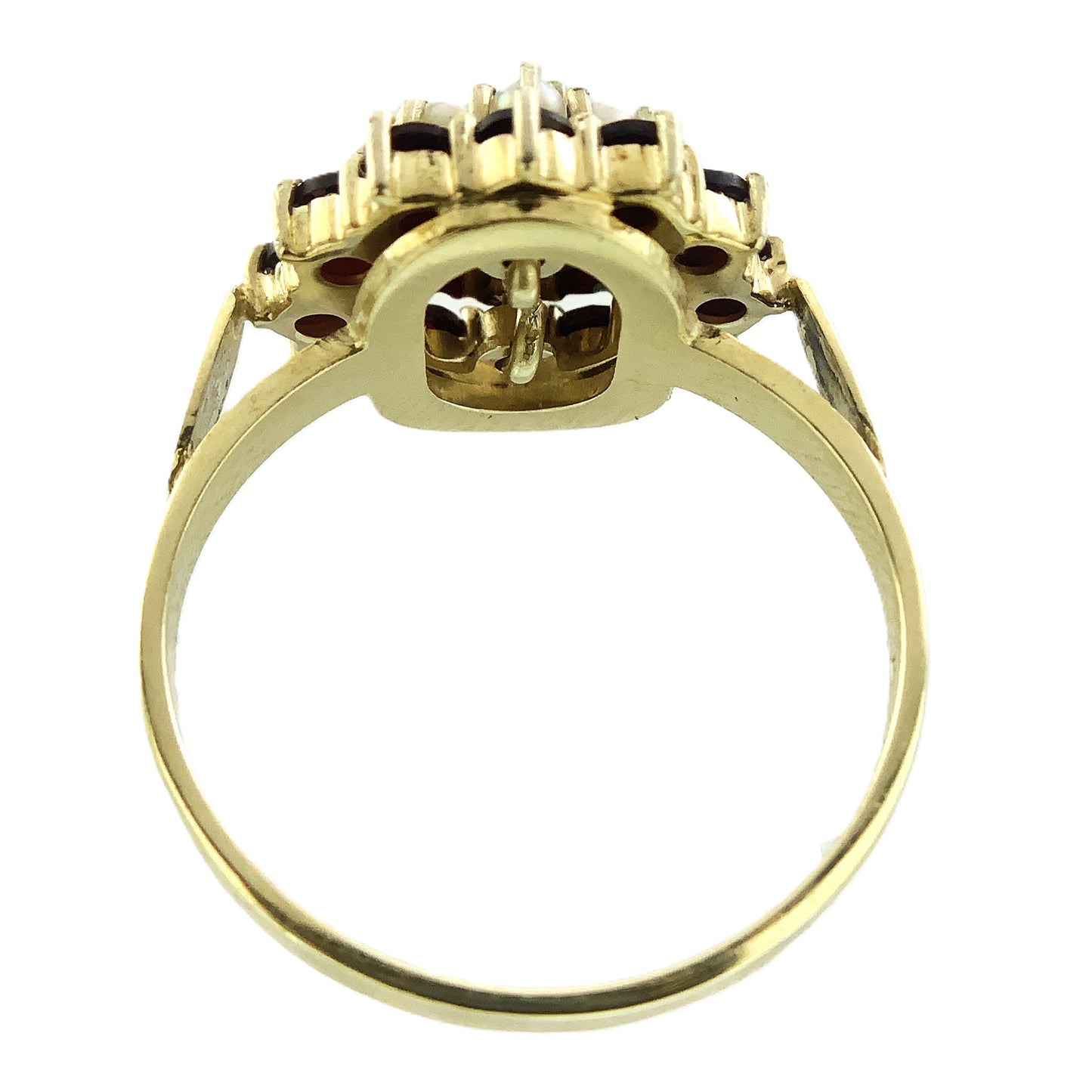 14K Yellow Gold Floral Design Red Garnet and Pearl Clusters Size 6 Ring AU405
