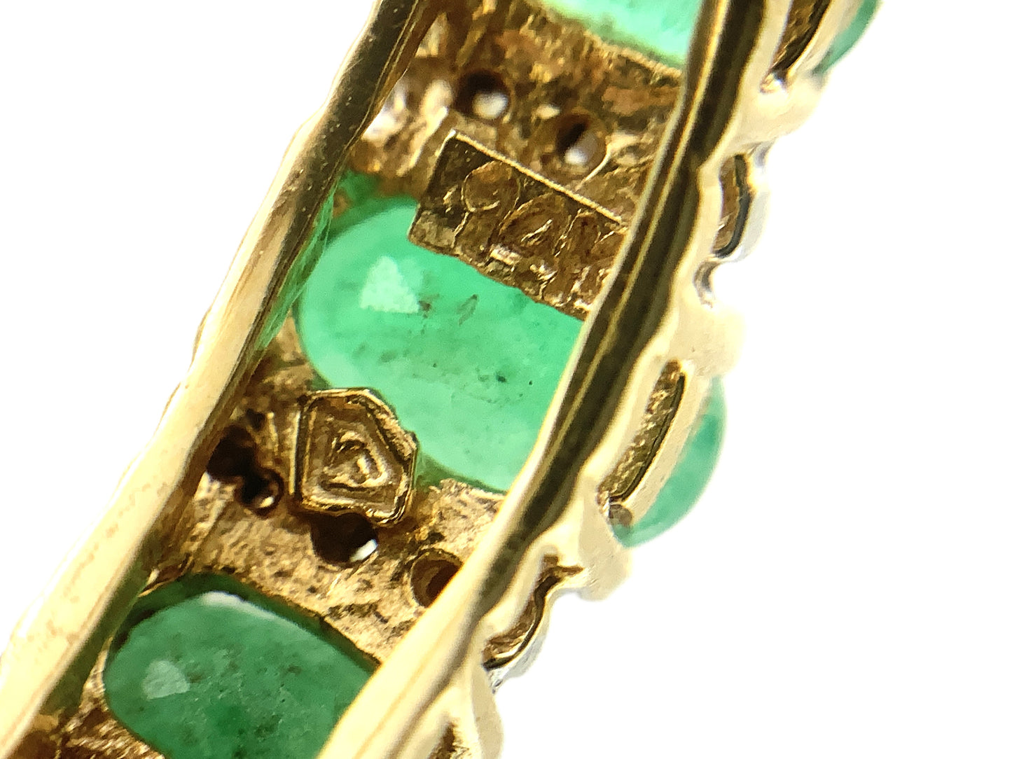 14K Yellow Gold Trilogy 3 Green Oval Emeralds and 6 Accent Diamonds .06 Total Carats Size 6.75 Ring AU403