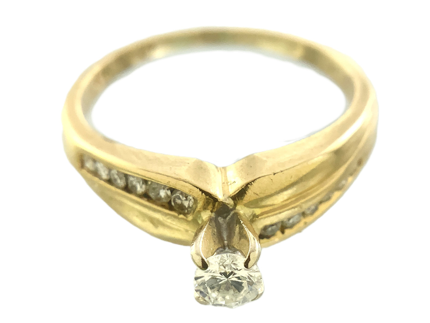 14K Yellow Gold Engagement Round Solitaire and 12 Round Diamonds Accents .31 Total Carats Size 7 Ring AU406