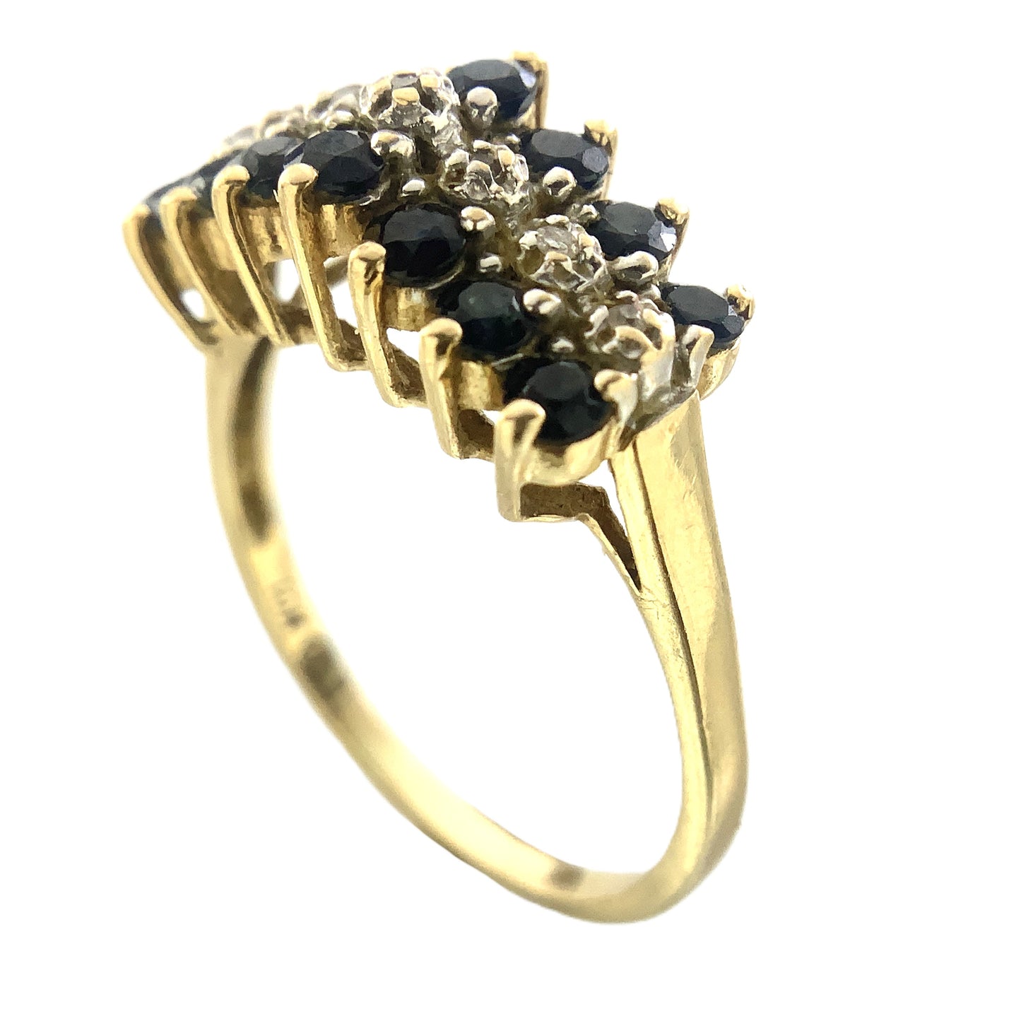 10K Yellow Gold Triple Row 14 Sapphire and 6 Round Diamonds .07 Total Carats Size 7.75 Ring AU407