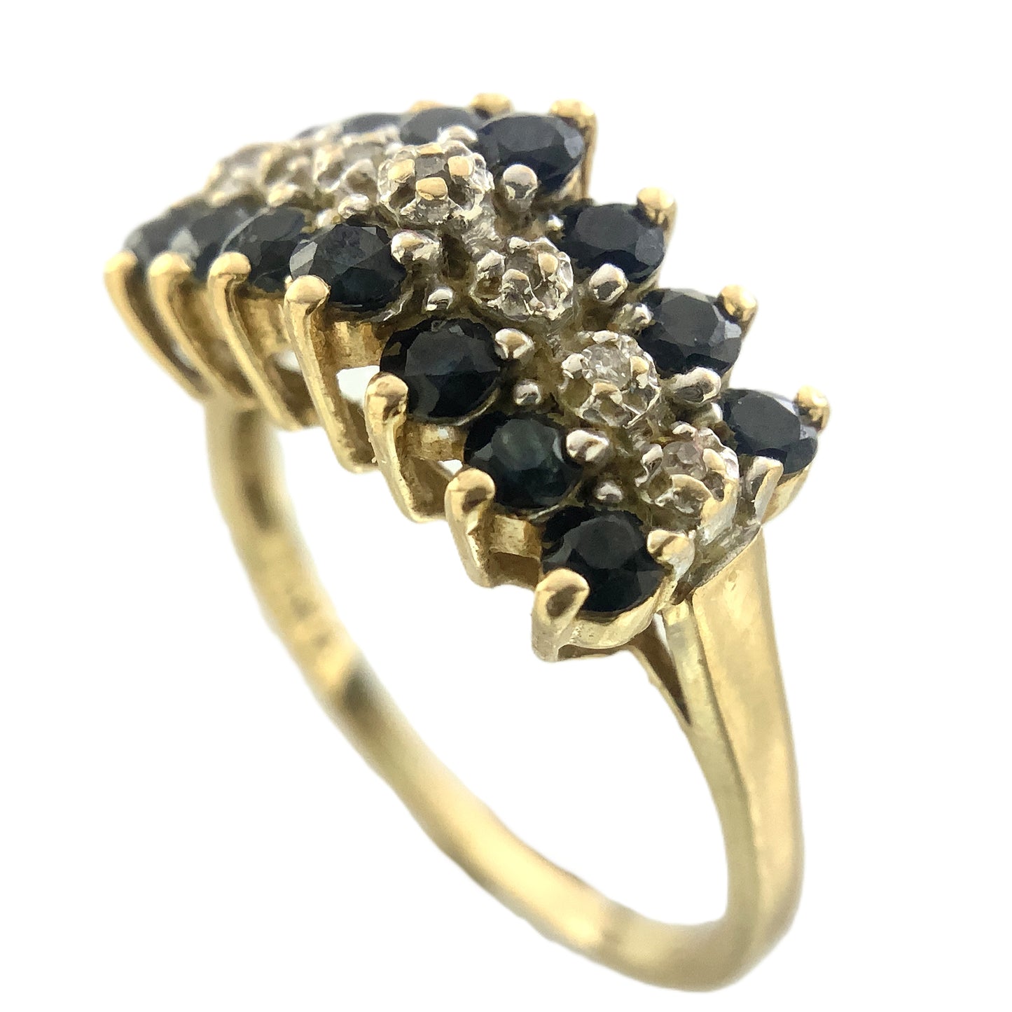 10K Yellow Gold Triple Row 14 Sapphire and 6 Round Diamonds .07 Total Carats Size 7.75 Ring AU407