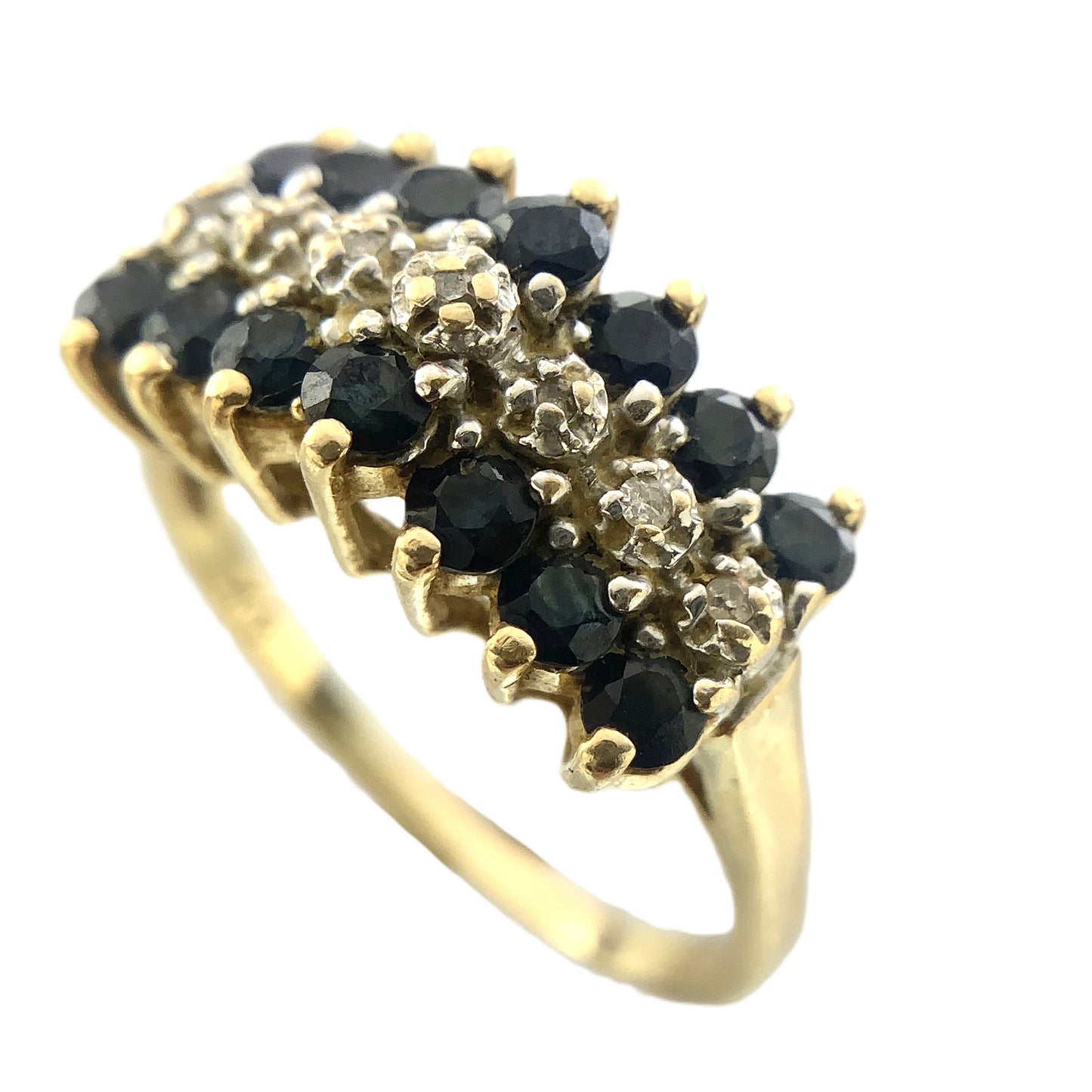 10K Yellow Gold Triple Row 14 Sapphire and 6 Round Diamonds .07 Total Carats Size 7.75 Ring AU407