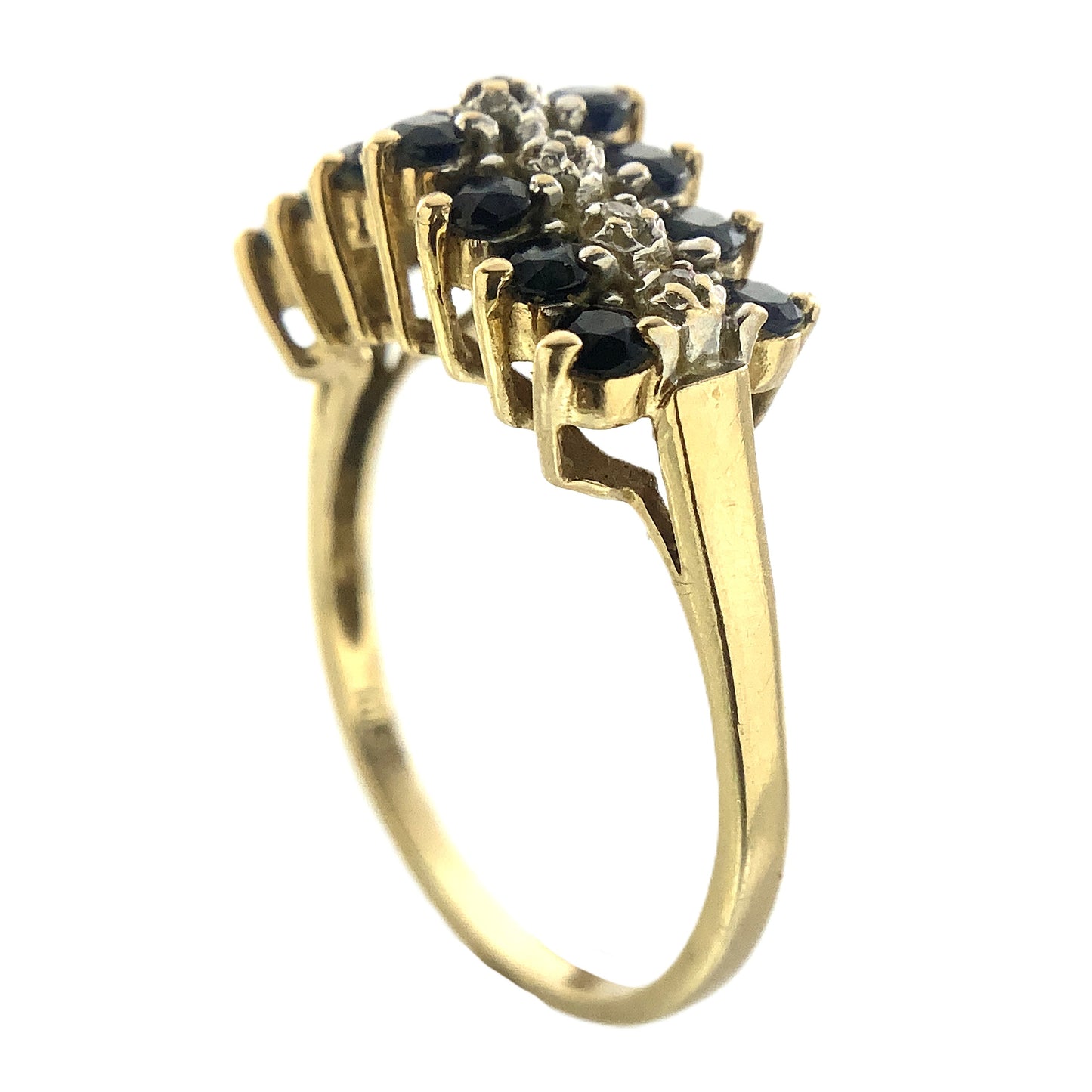 10K Yellow Gold Triple Row 14 Sapphire and 6 Round Diamonds .07 Total Carats Size 7.75 Ring AU407