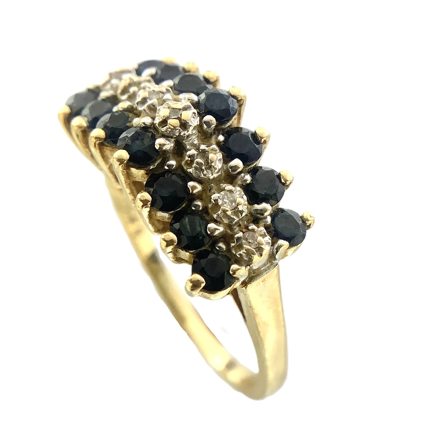 10K Yellow Gold Triple Row 14 Sapphire and 6 Round Diamonds .07 Total Carats Size 7.75 Ring AU407