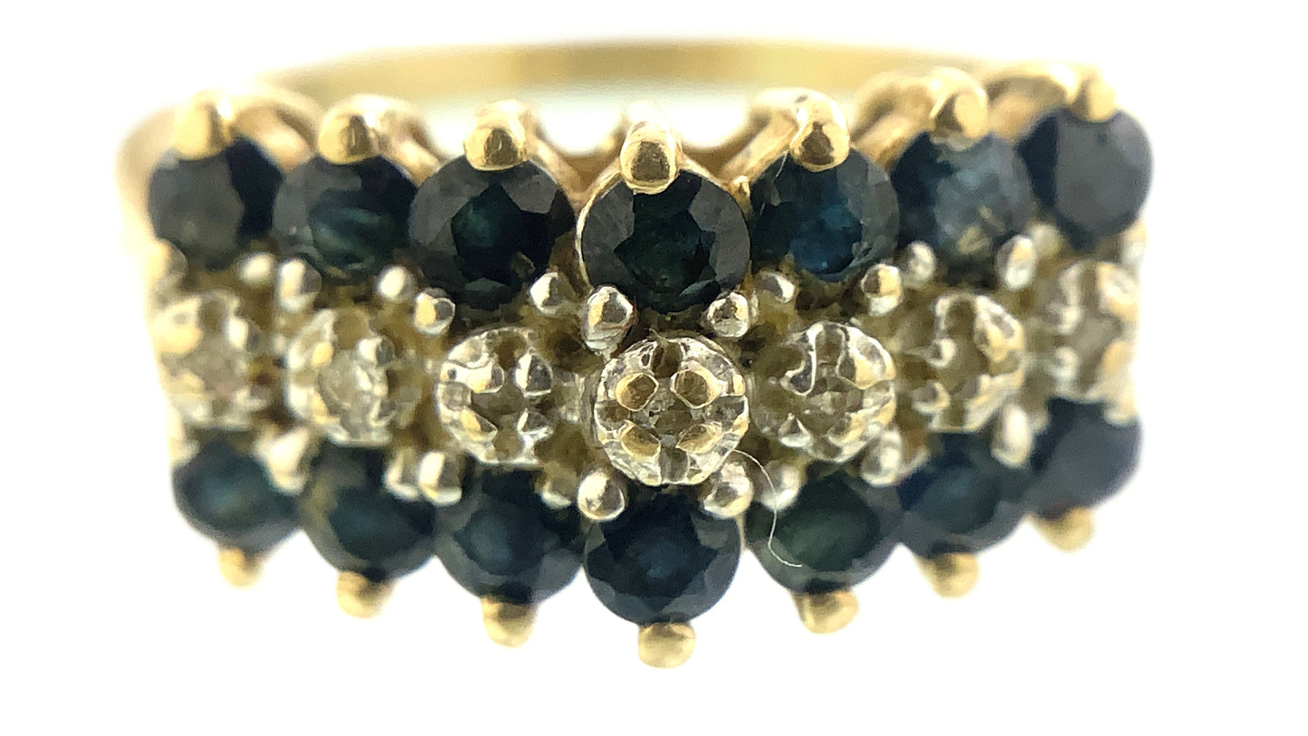 10K Yellow Gold Triple Row 14 Sapphire and 6 Round Diamonds .07 Total Carats Size 7.75 Ring AU407