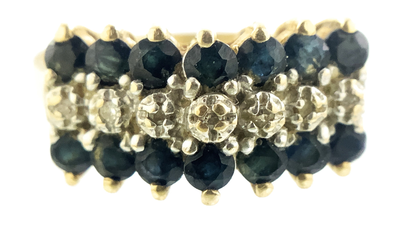 10K Yellow Gold Triple Row 14 Sapphire and 6 Round Diamonds .07 Total Carats Size 7.75 Ring AU407
