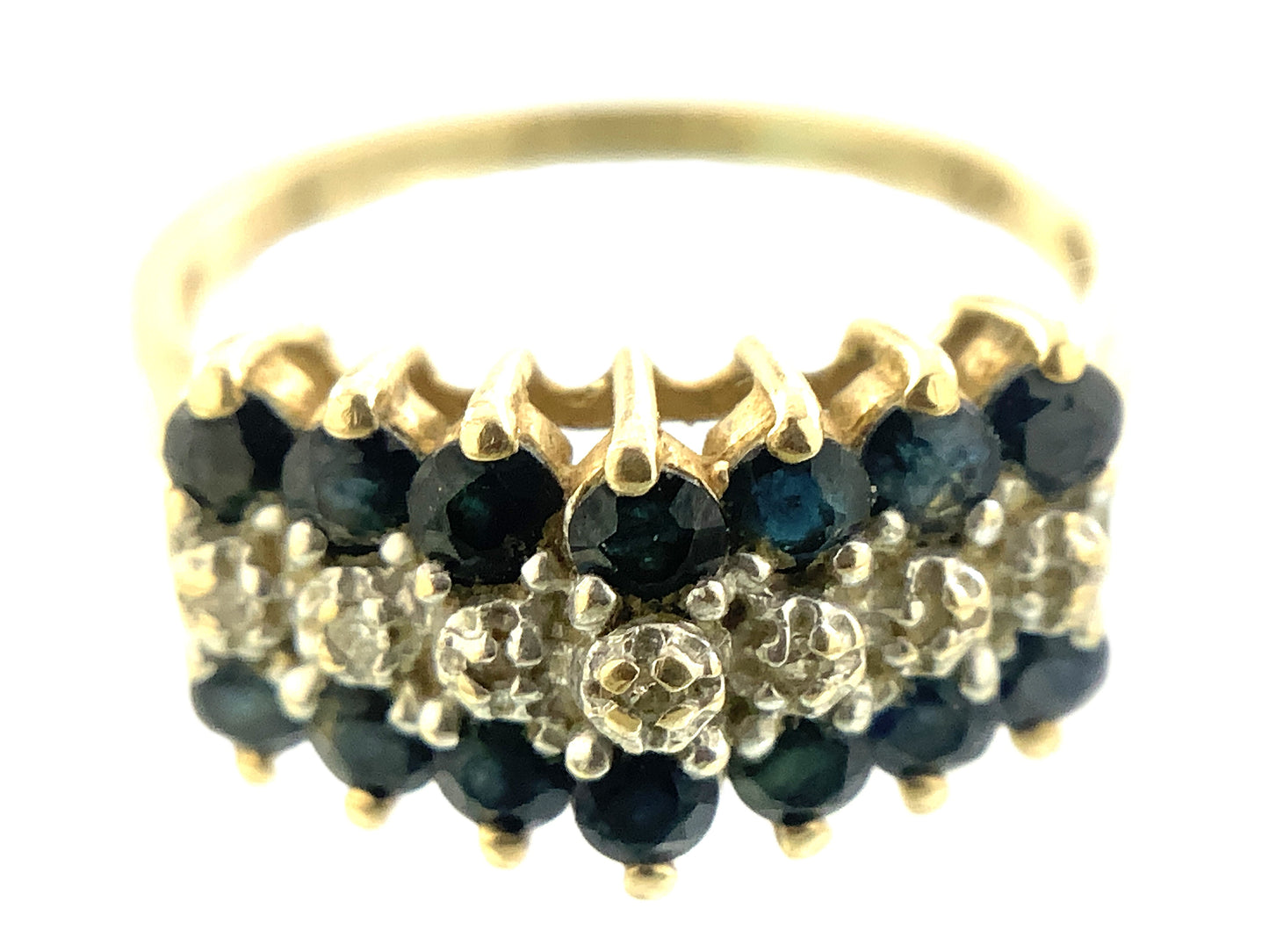 10K Yellow Gold Triple Row 14 Sapphire and 6 Round Diamonds .07 Total Carats Size 7.75 Ring AU407
