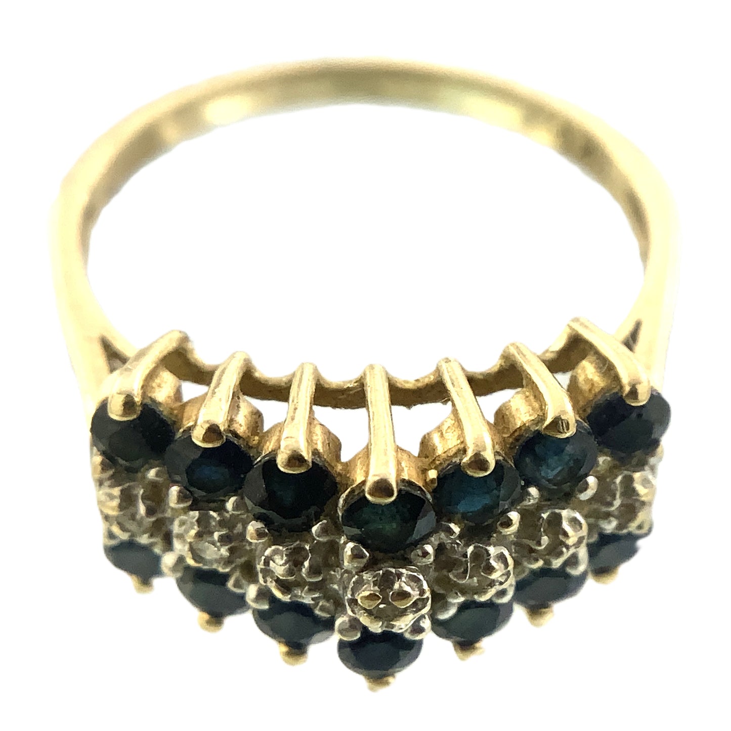 10K Yellow Gold Triple Row 14 Sapphire and 6 Round Diamonds .07 Total Carats Size 7.75 Ring AU407