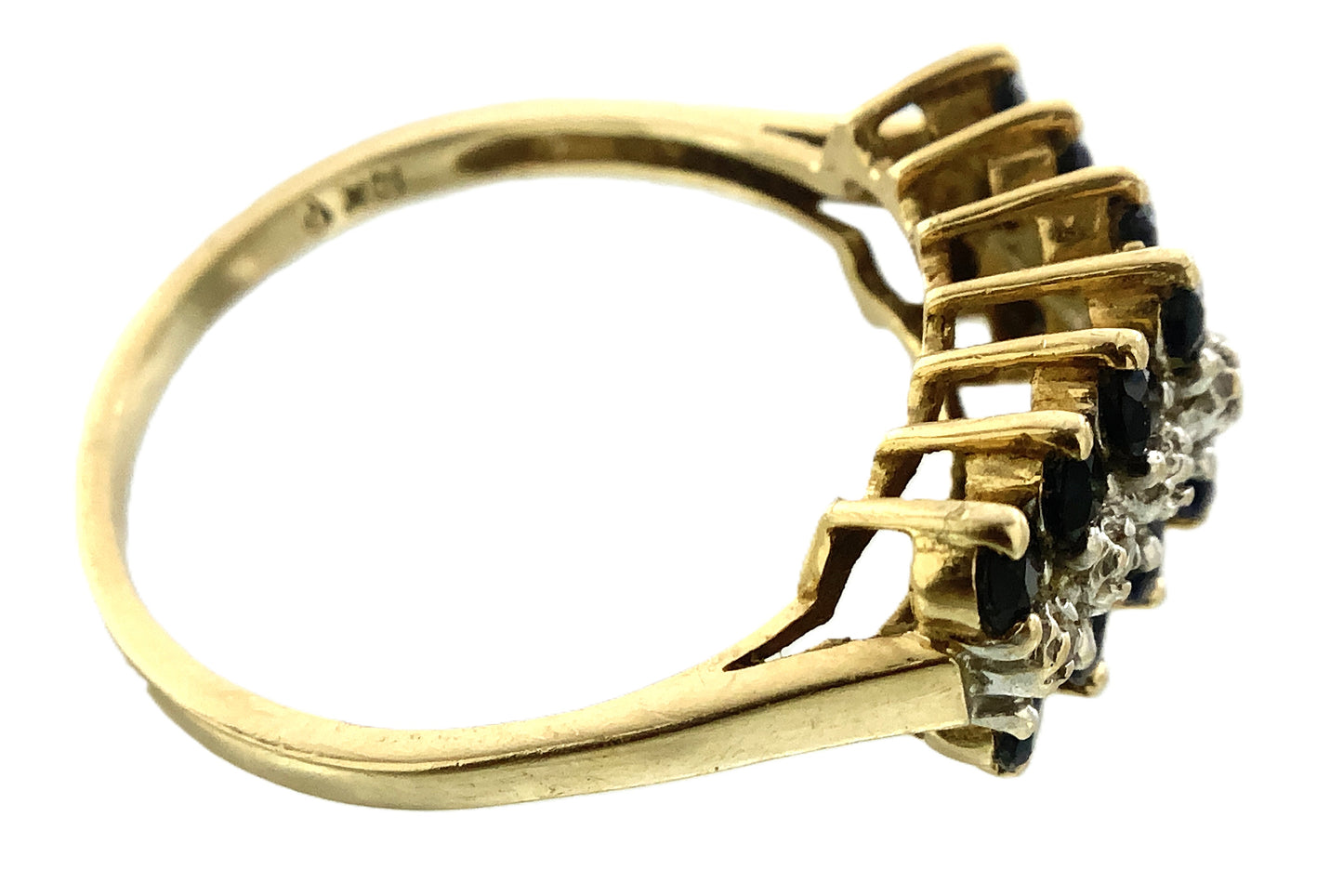 10K Yellow Gold Triple Row 14 Sapphire and 6 Round Diamonds .07 Total Carats Size 7.75 Ring AU407