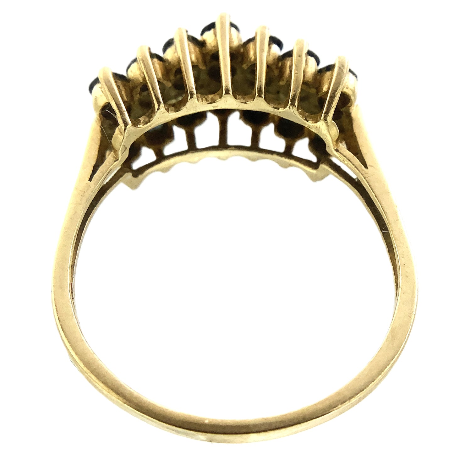 10K Yellow Gold Triple Row 14 Sapphire and 6 Round Diamonds .07 Total Carats Size 7.75 Ring AU407