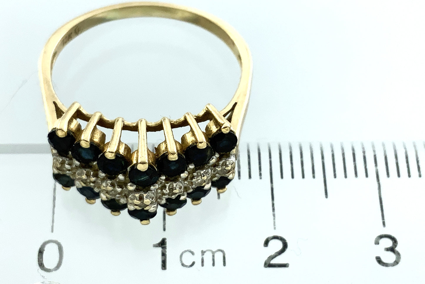 10K Yellow Gold Triple Row 14 Sapphire and 6 Round Diamonds .07 Total Carats Size 7.75 Ring AU407