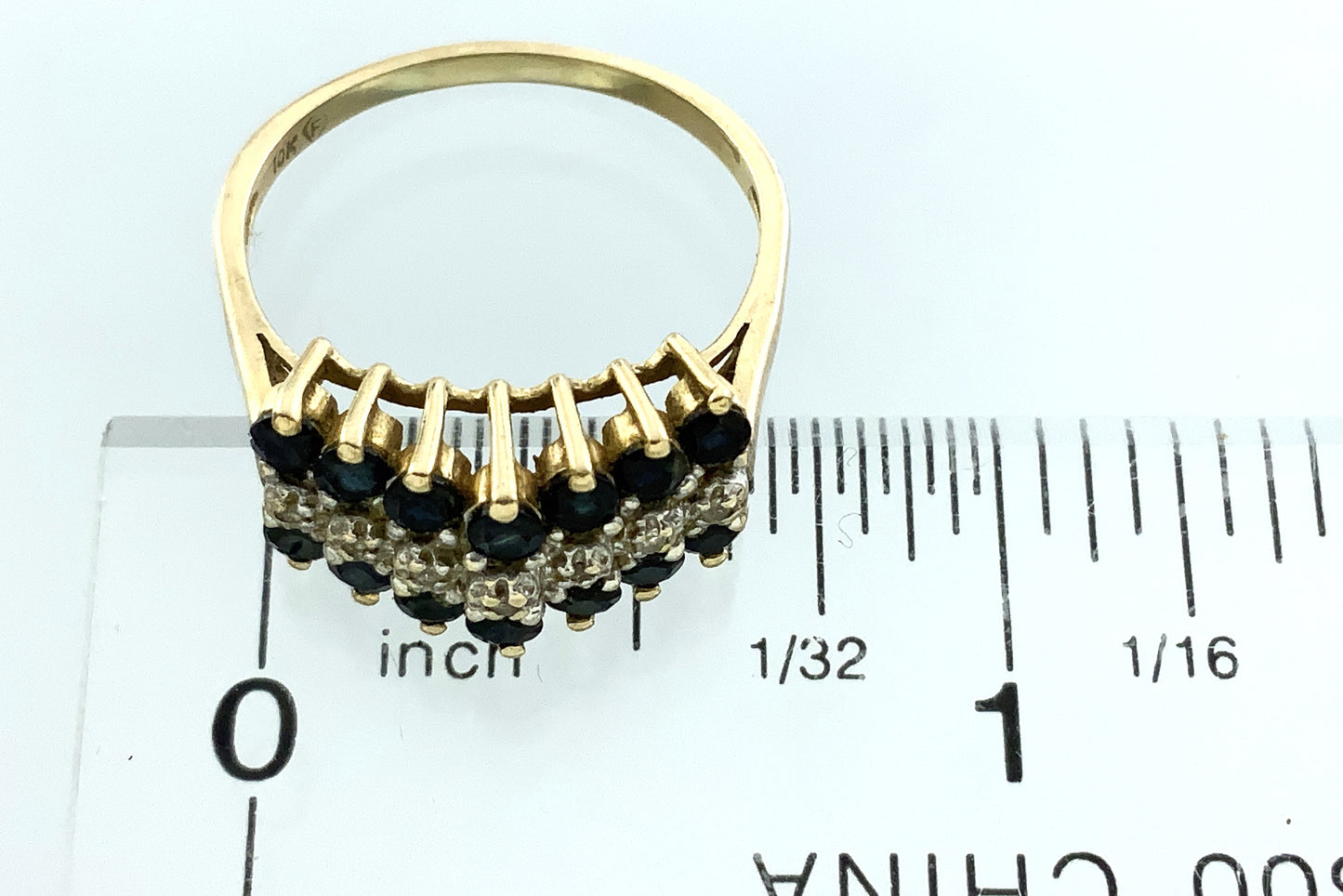 10K Yellow Gold Triple Row 14 Sapphire and 6 Round Diamonds .07 Total Carats Size 7.75 Ring AU407
