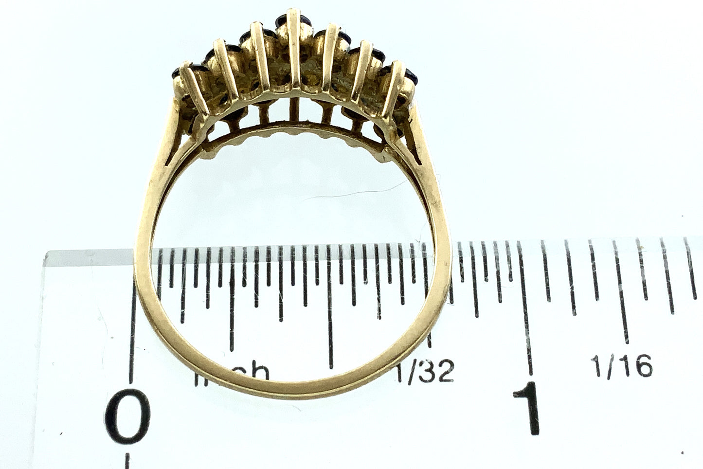 10K Yellow Gold Triple Row 14 Sapphire and 6 Round Diamonds .07 Total Carats Size 7.75 Ring AU407