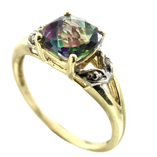 10K Yellow Gold Cushion Cut Mystic Topaz and Diamond .02 Total Carats Size 7.75 Ring AU408