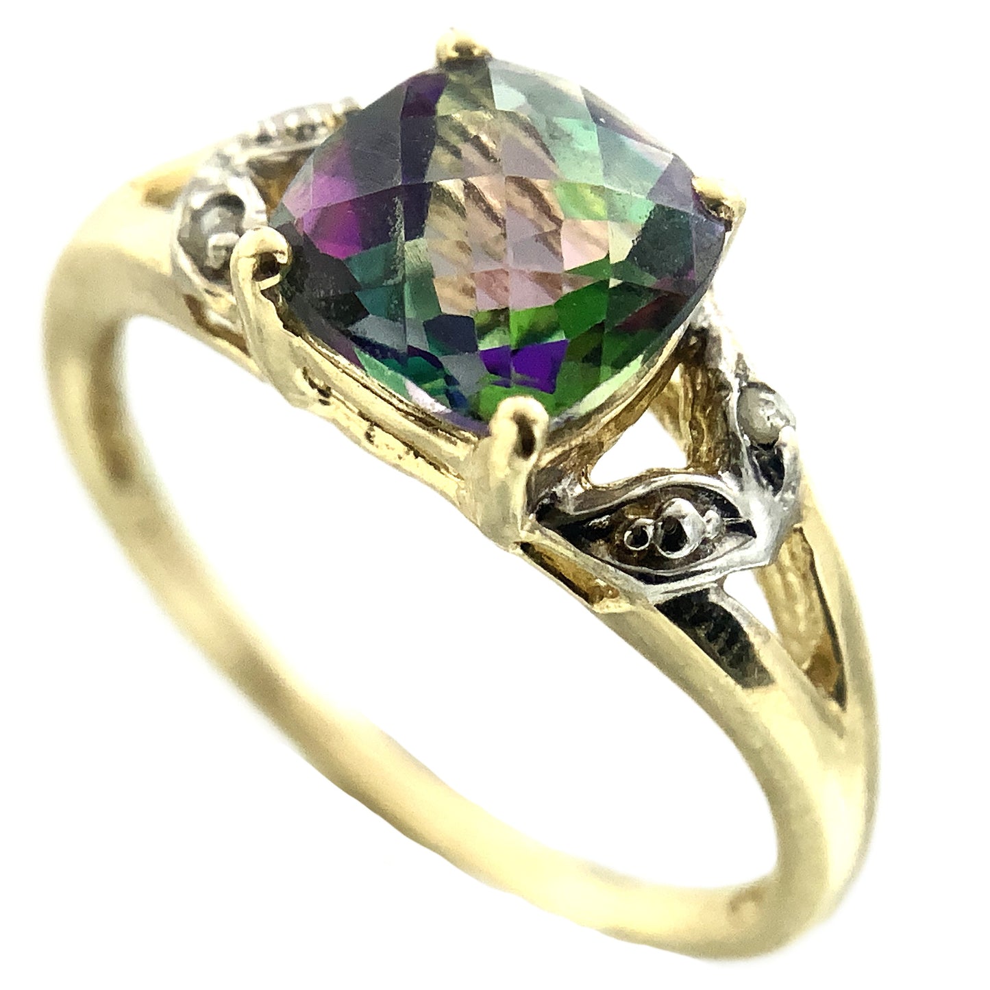 10K Yellow Gold Cushion Cut Mystic Topaz and Diamond .02 Total Carats Size 7.75 Ring AU408