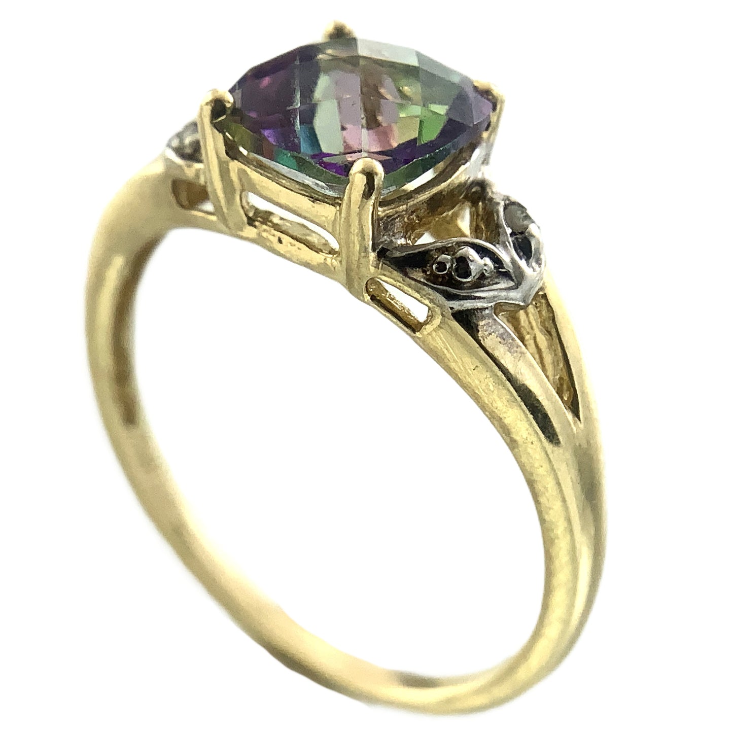 10K Yellow Gold Cushion Cut Mystic Topaz and Diamond .02 Total Carats Size 7.75 Ring AU408