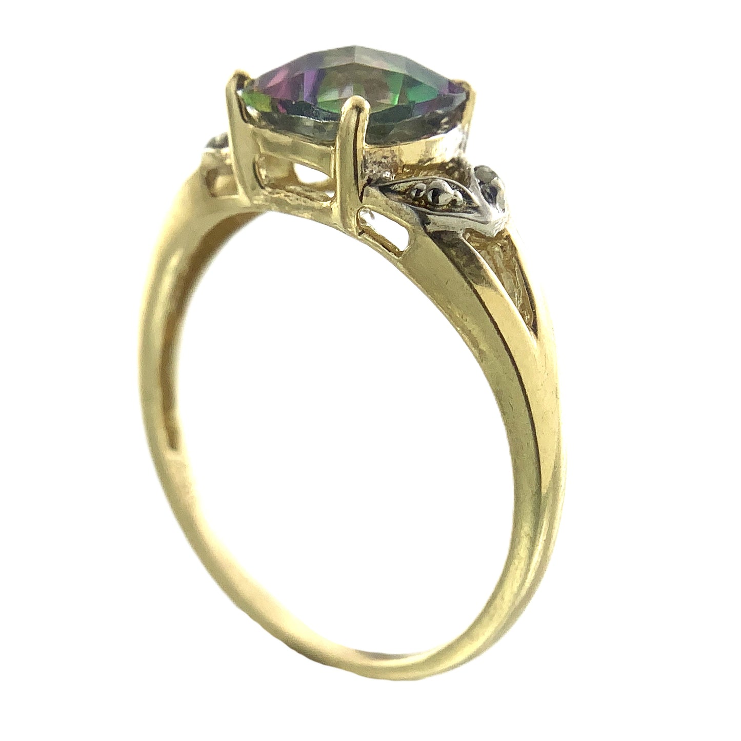 10K Yellow Gold Cushion Cut Mystic Topaz and Diamond .02 Total Carats Size 7.75 Ring AU408