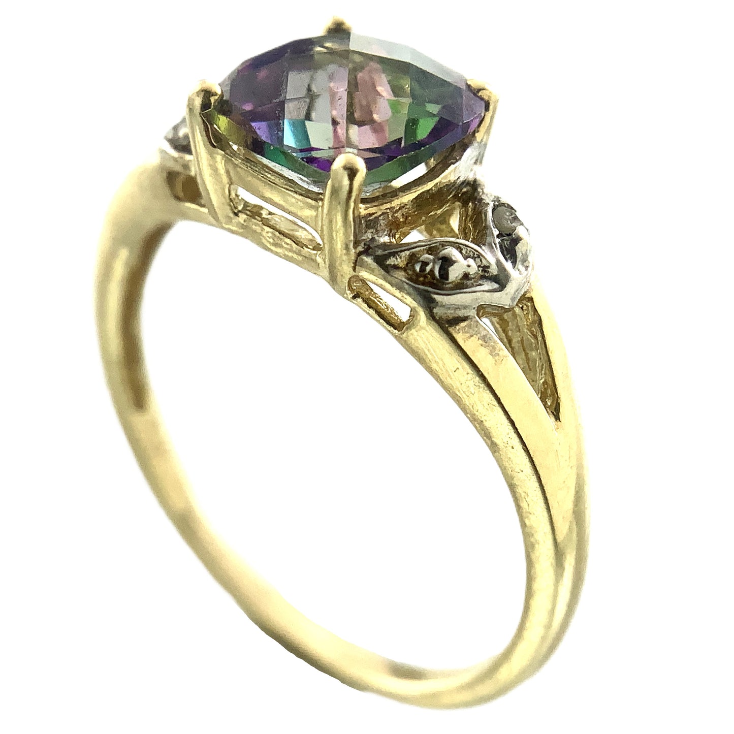 10K Yellow Gold Cushion Cut Mystic Topaz and Diamond .02 Total Carats Size 7.75 Ring AU408