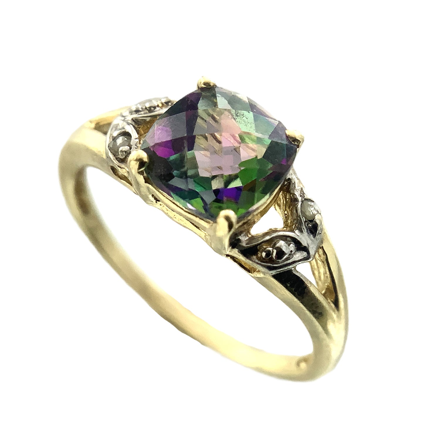 10K Yellow Gold Cushion Cut Mystic Topaz and Diamond .02 Total Carats Size 7.75 Ring AU408