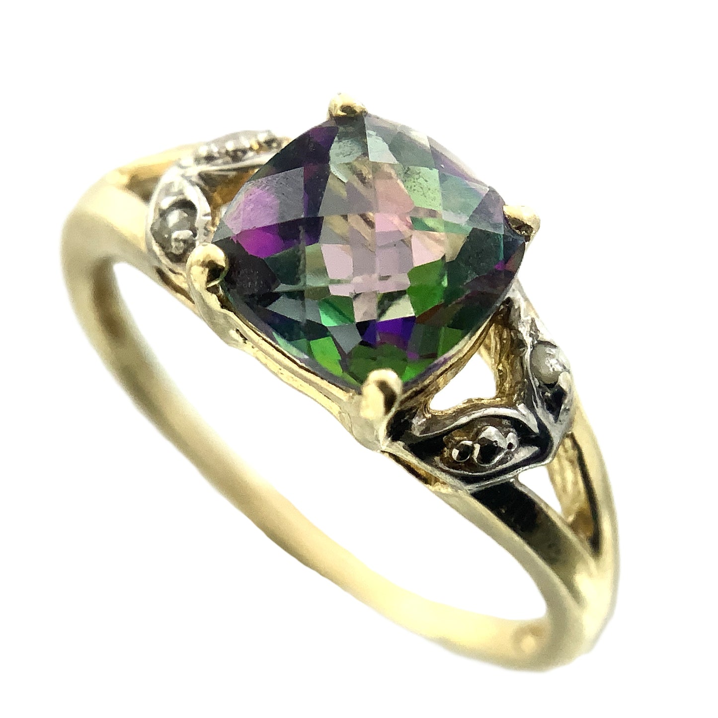 10K Yellow Gold Cushion Cut Mystic Topaz and Diamond .02 Total Carats Size 7.75 Ring AU408