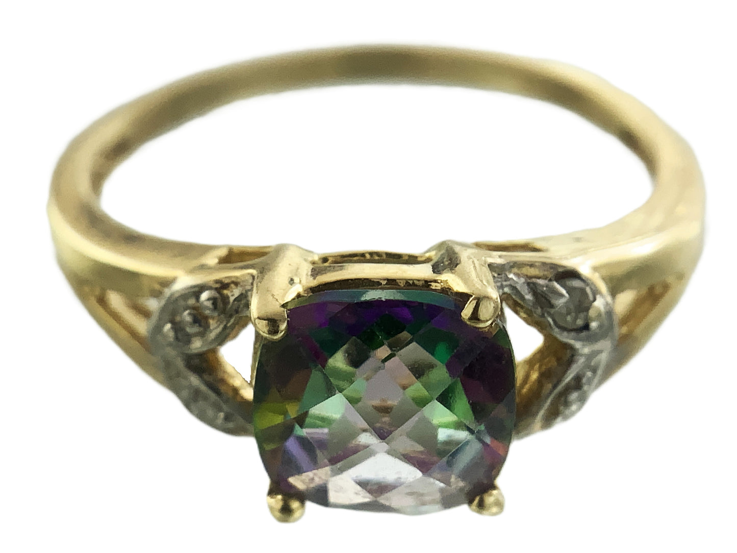 10K Yellow Gold Cushion Cut Mystic Topaz and Diamond .02 Total Carats Size 7.75 Ring AU408
