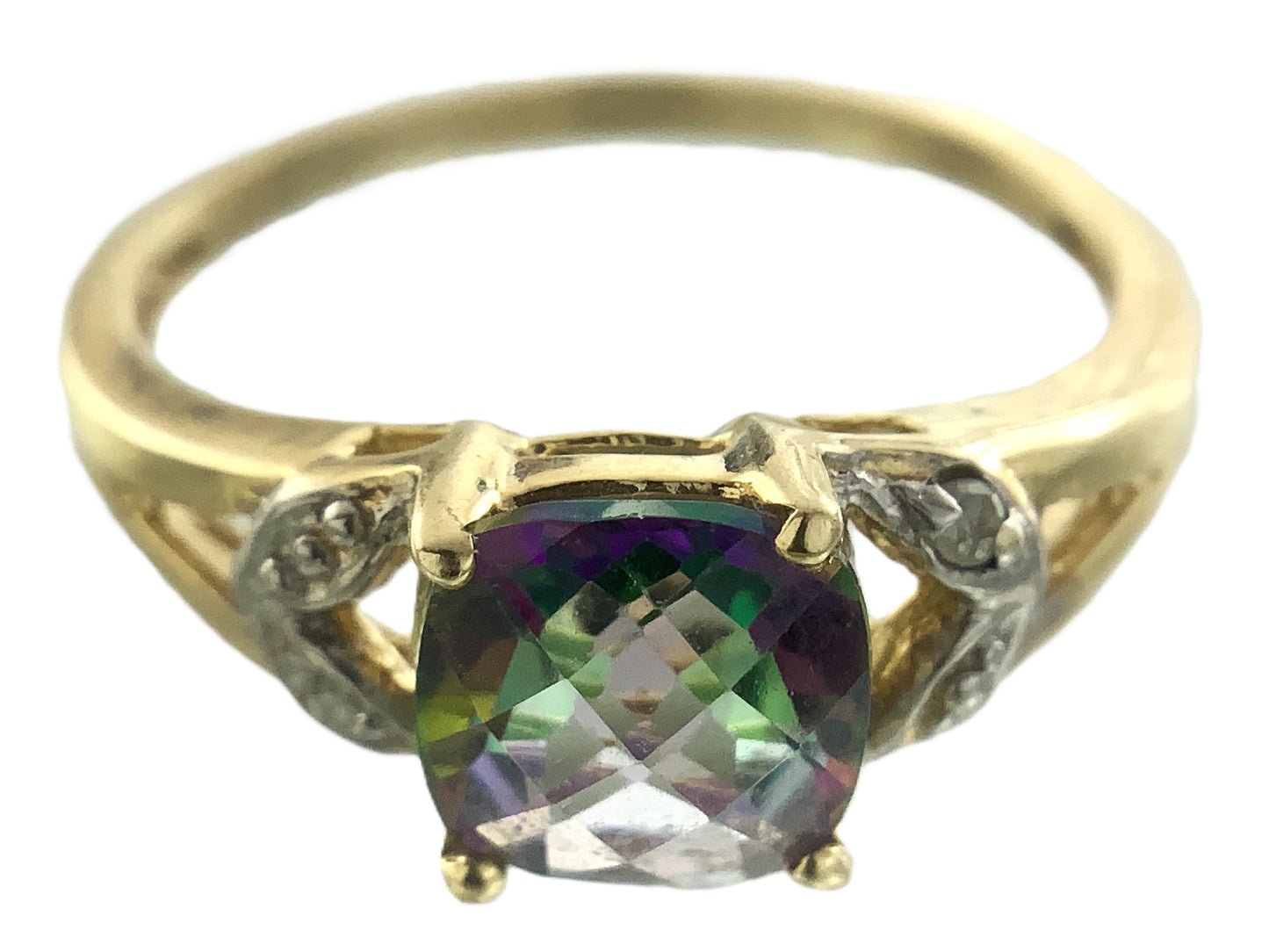 10K Yellow Gold Cushion Cut Mystic Topaz and Diamond .02 Total Carats Size 7.75 Ring AU408