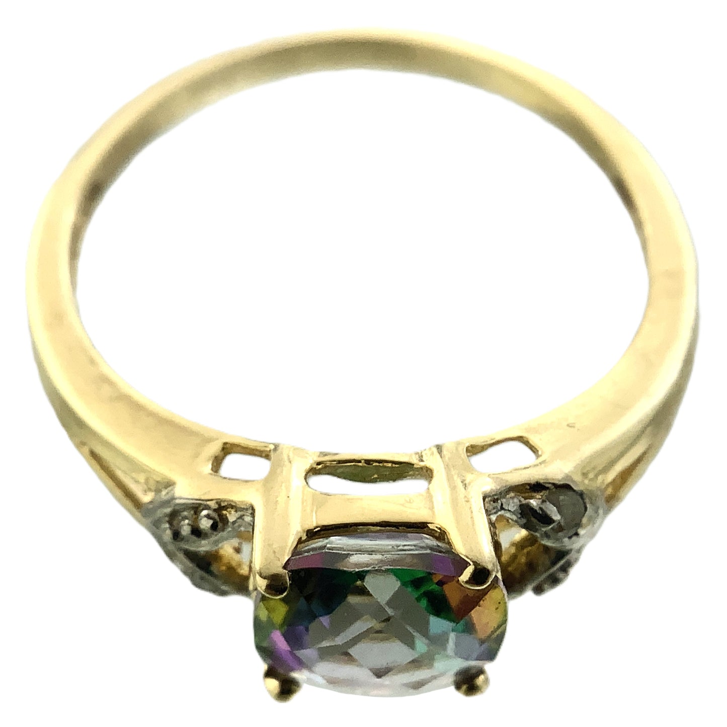 10K Yellow Gold Cushion Cut Mystic Topaz and Diamond .02 Total Carats Size 7.75 Ring AU408