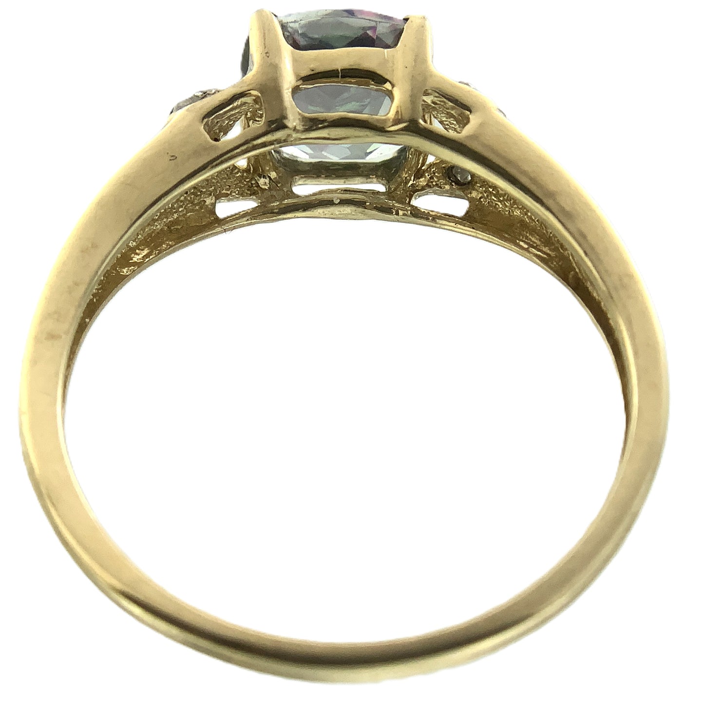 10K Yellow Gold Cushion Cut Mystic Topaz and Diamond .02 Total Carats Size 7.75 Ring AU408