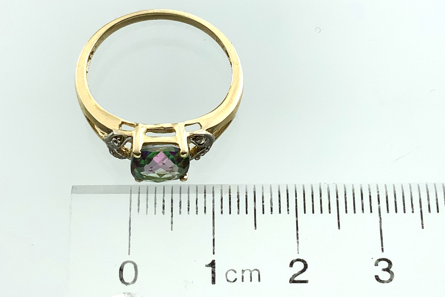 10K Yellow Gold Cushion Cut Mystic Topaz and Diamond .02 Total Carats Size 7.75 Ring AU408