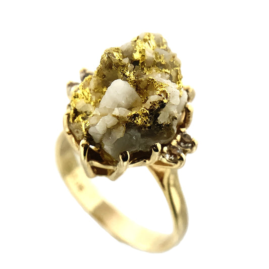 10K Yellow Natural Gold Vein 24K Nuggets Embedded in Quartz Set in Claw Mount Stone Size 6.5 Ring AU412