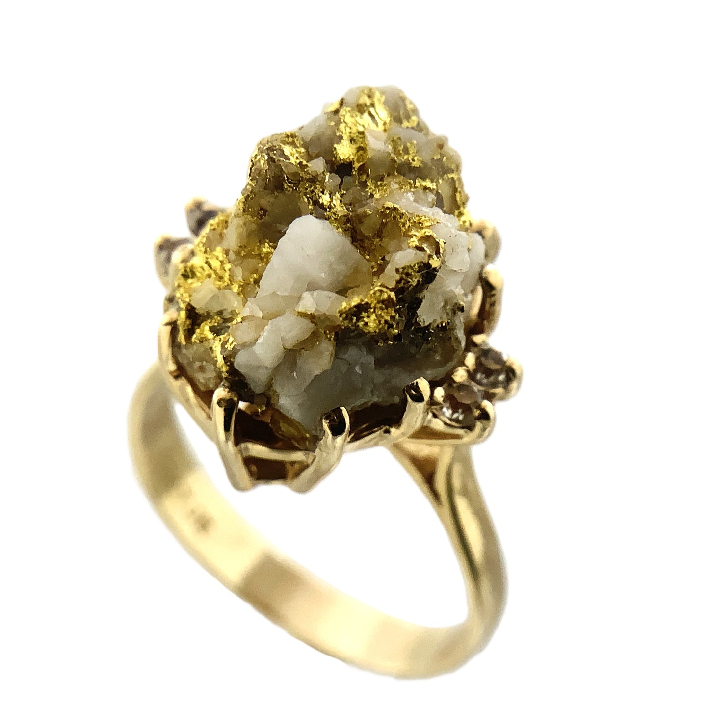 10K Yellow Natural Gold Vein 24K Nuggets Embedded in Quartz Set in Claw Mount Stone Size 6.5 Ring AU412