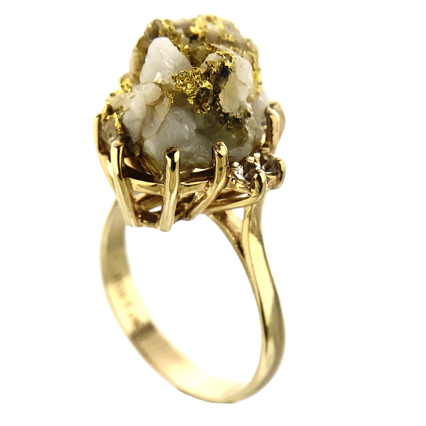 10K Yellow Natural Gold Vein 24K Nuggets Embedded in Quartz Set in Claw Mount Stone Size 6.5 Ring AU412