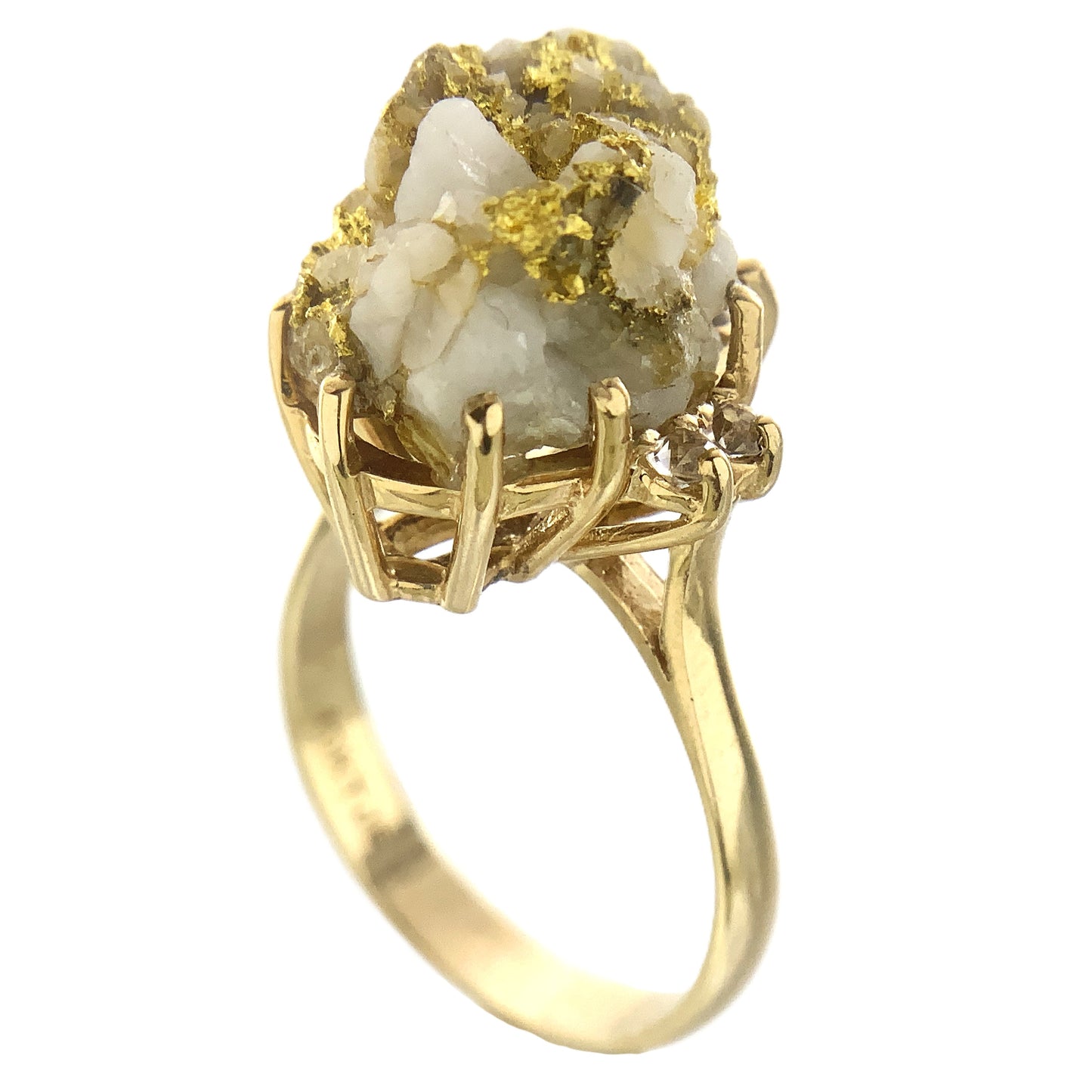 10K Yellow Natural Gold Vein 24K Nuggets Embedded in Quartz Set in Claw Mount Stone Size 6.5 Ring AU412