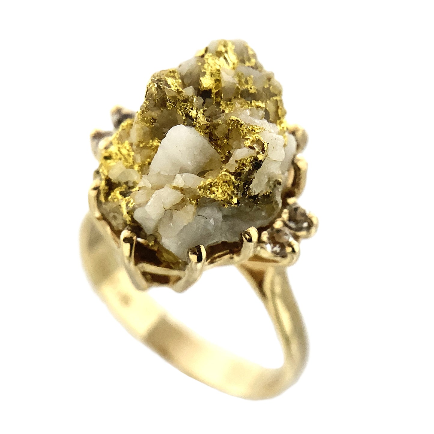 10K Yellow Natural Gold Vein 24K Nuggets Embedded in Quartz Set in Claw Mount Stone Size 6.5 Ring AU412