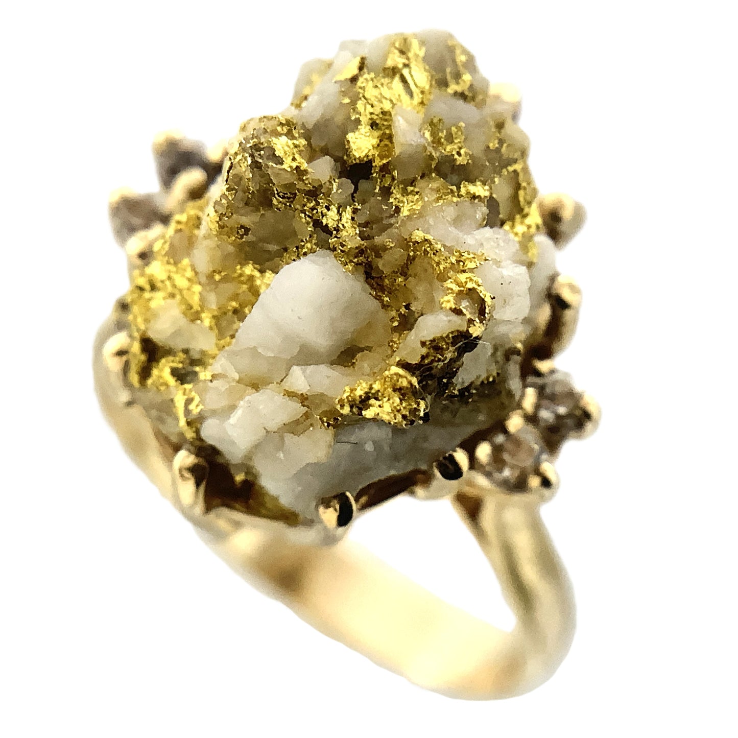 10K Yellow Natural Gold Vein 24K Nuggets Embedded in Quartz Set in Claw Mount Stone Size 6.5 Ring AU412