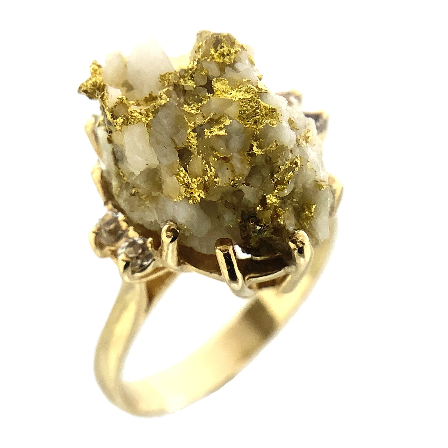 10K Yellow Natural Gold Vein 24K Nuggets Embedded in Quartz Set in Claw Mount Stone Size 6.5 Ring AU412