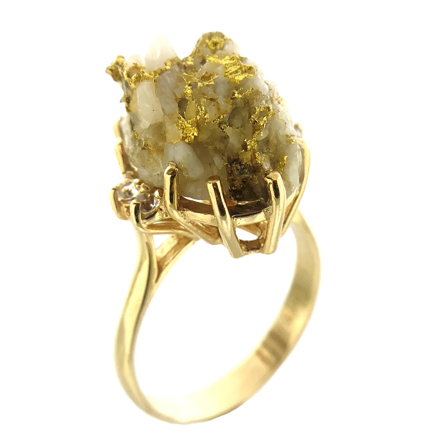 10K Yellow Natural Gold Vein 24K Nuggets Embedded in Quartz Set in Claw Mount Stone Size 6.5 Ring AU412
