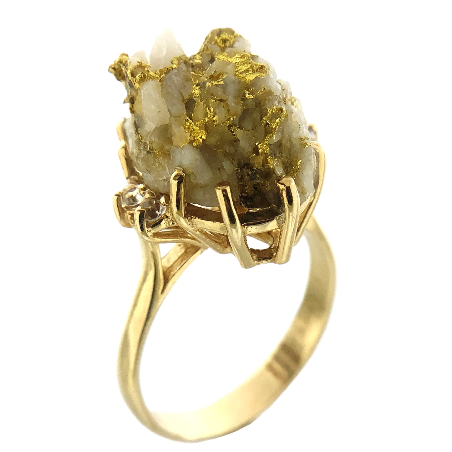 10K Yellow Natural Gold Vein 24K Nuggets Embedded in Quartz Set in Claw Mount Stone Size 6.5 Ring AU412