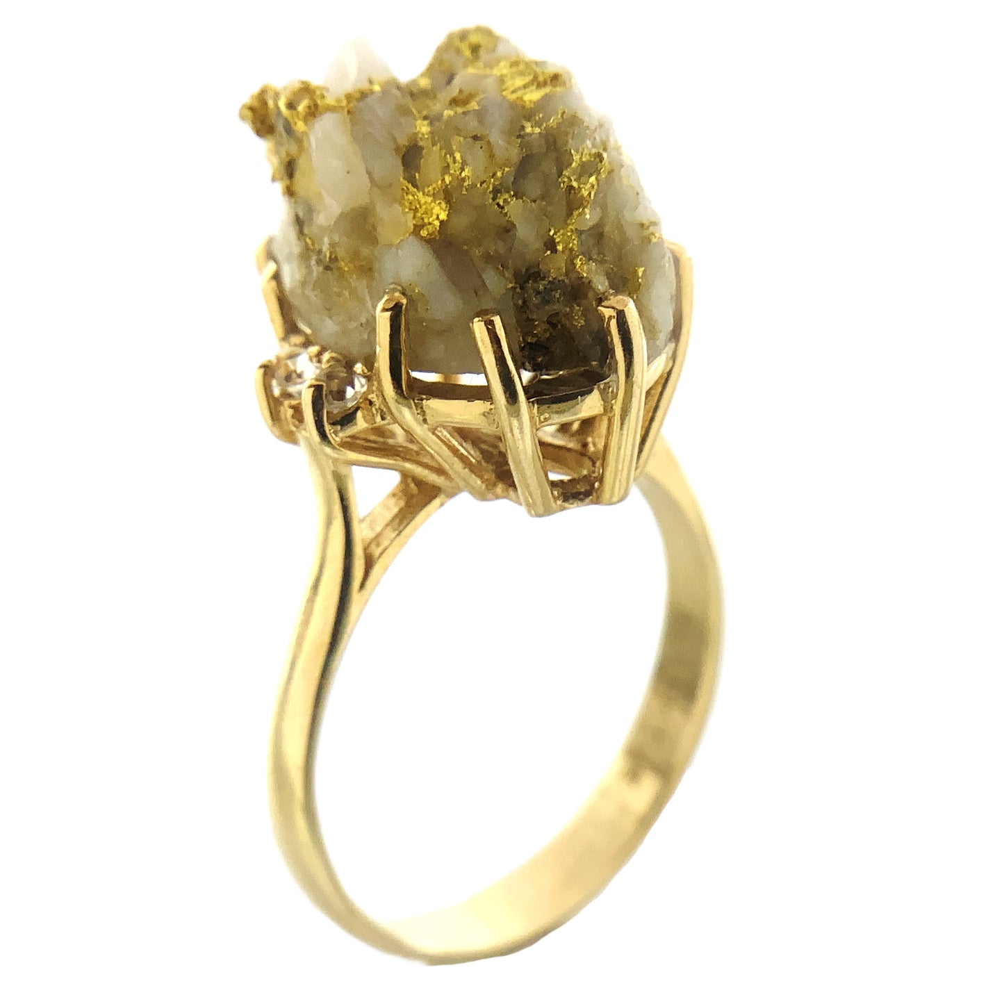 10K Yellow Natural Gold Vein 24K Nuggets Embedded in Quartz Set in Claw Mount Stone Size 6.5 Ring AU412