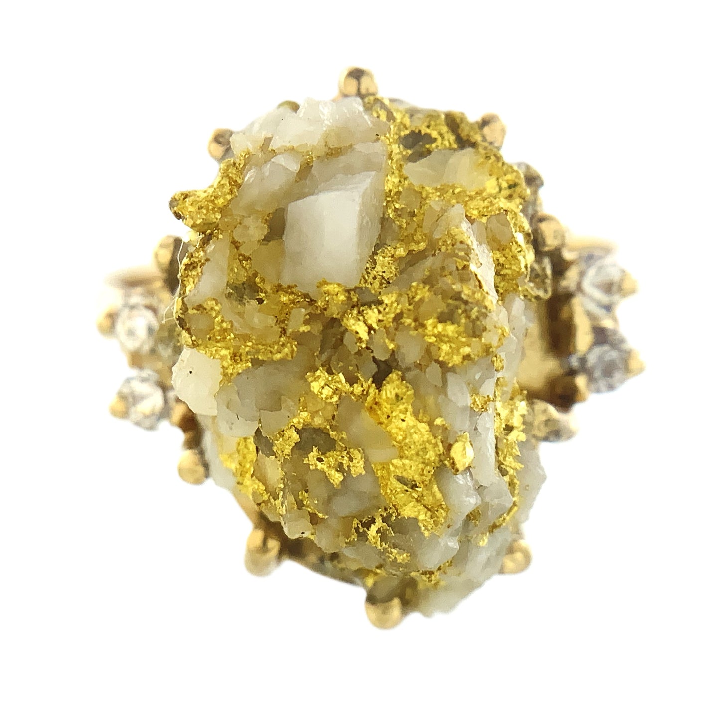 10K Yellow Natural Gold Vein 24K Nuggets Embedded in Quartz Set in Claw Mount Stone Size 6.5 Ring AU412
