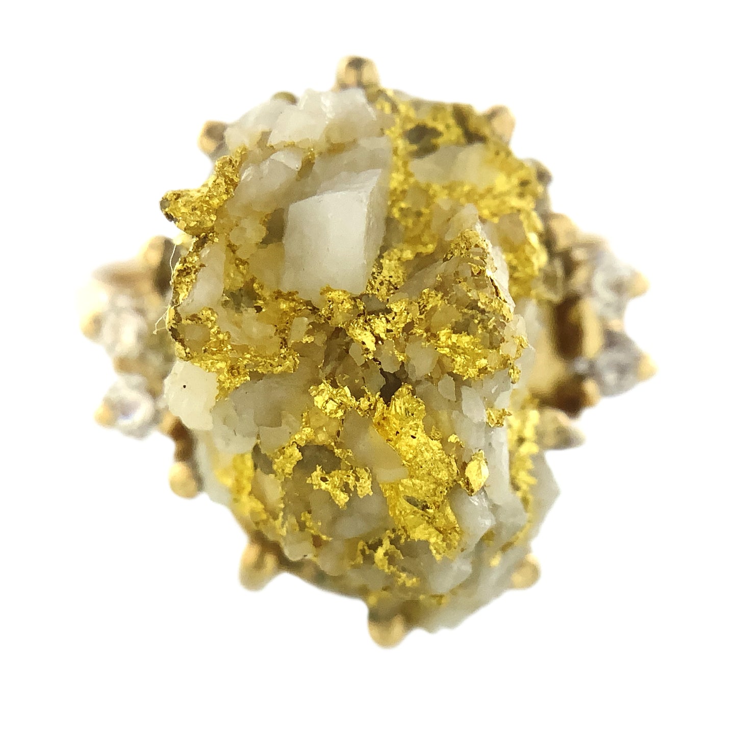10K Yellow Natural Gold Vein 24K Nuggets Embedded in Quartz Set in Claw Mount Stone Size 6.5 Ring AU412