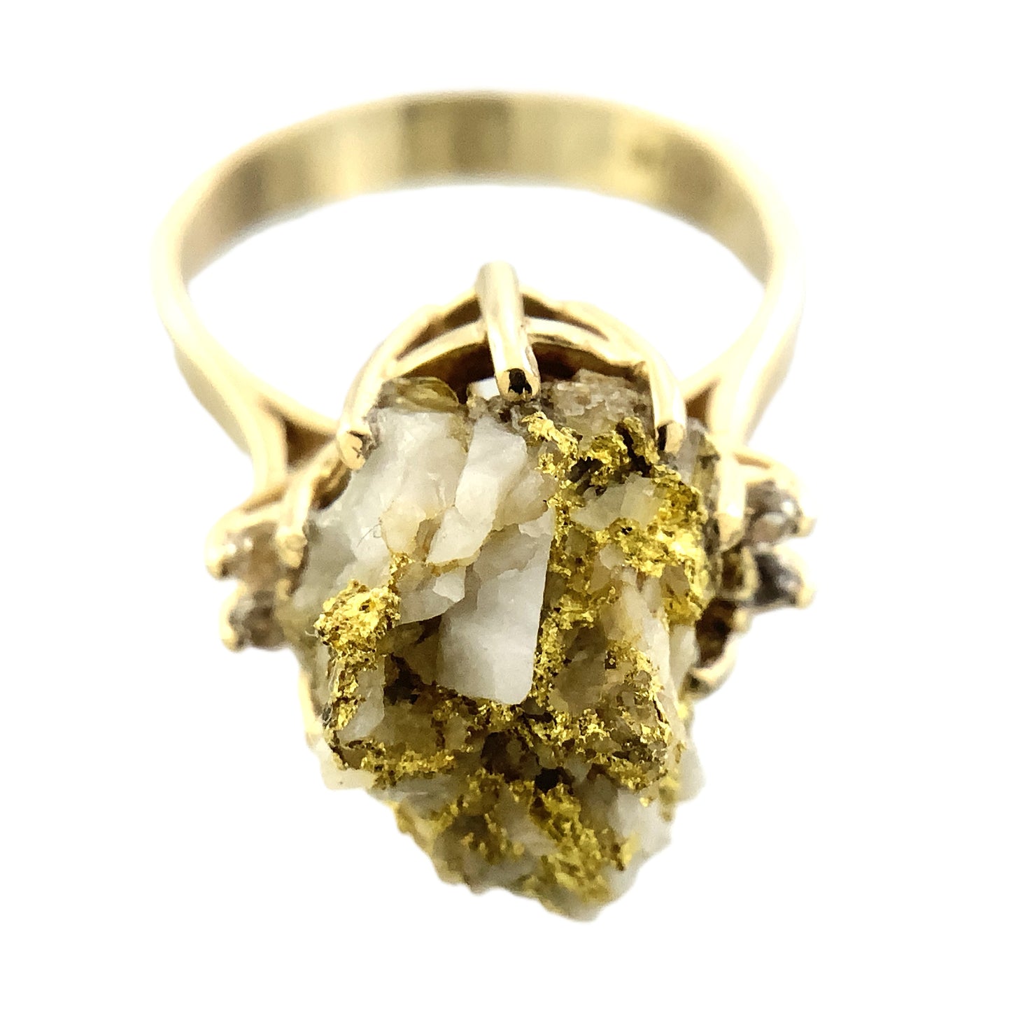 10K Yellow Natural Gold Vein 24K Nuggets Embedded in Quartz Set in Claw Mount Stone Size 6.5 Ring AU412