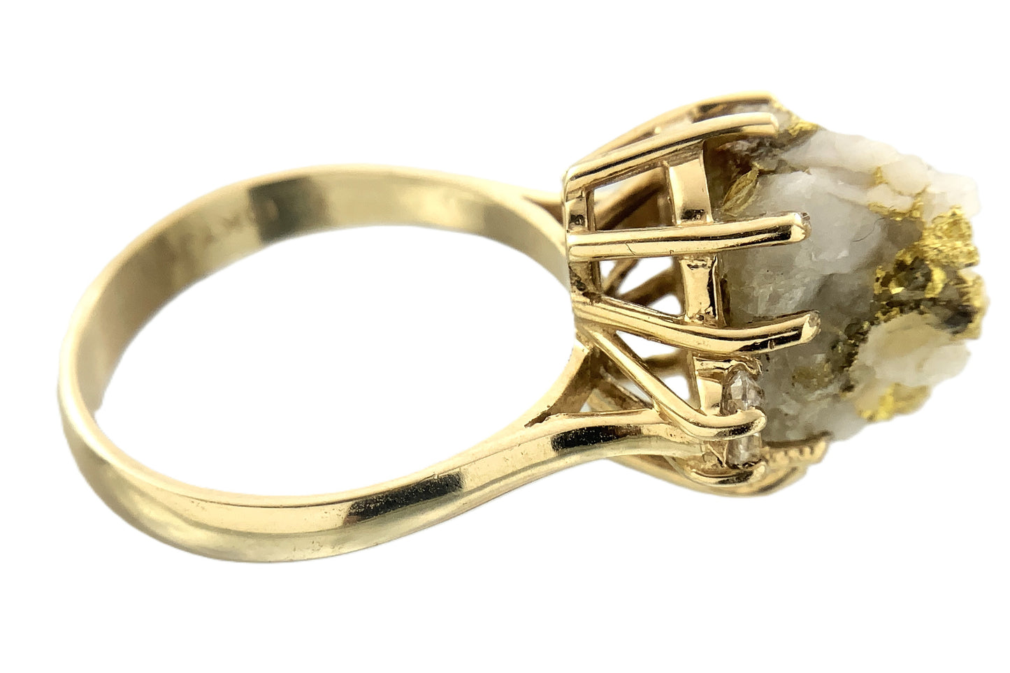 10K Yellow Natural Gold Vein 24K Nuggets Embedded in Quartz Set in Claw Mount Stone Size 6.5 Ring AU412