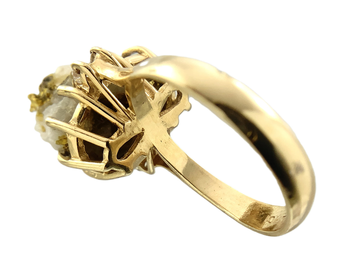 10K Yellow Natural Gold Vein 24K Nuggets Embedded in Quartz Set in Claw Mount Stone Size 6.5 Ring AU412