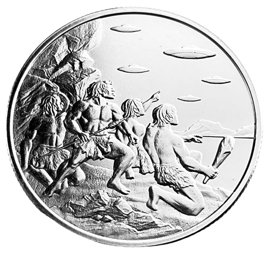1 ozt UFOs Over Cavemen UAP 999 Silver Round