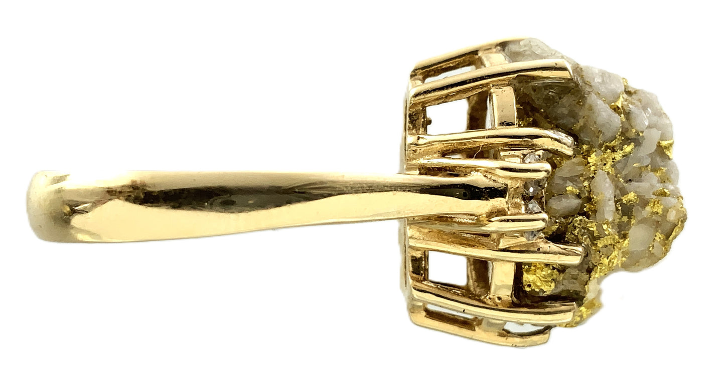 10K Yellow Natural Gold Vein 24K Nuggets Embedded in Quartz Set in Claw Mount Stone Size 6.5 Ring AU412