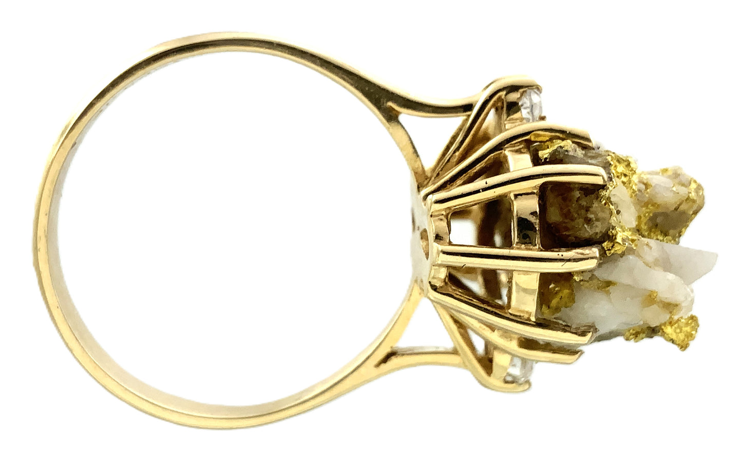 10K Yellow Natural Gold Vein 24K Nuggets Embedded in Quartz Set in Claw Mount Stone Size 6.5 Ring AU412